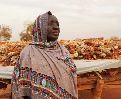 Sudan_Woman with multicoloured scarf next to wooden structure